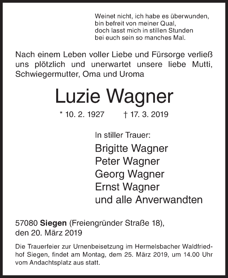  Traueranzeige für Luzie Wagner vom 20.03.2019 aus Siegener Zeitung