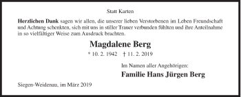 Traueranzeige von Magdalene Berg von Siegener Zeitung