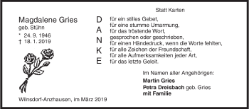 Traueranzeige von Magdalene Gries von Siegener Zeitung
