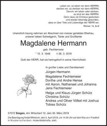 Traueranzeige von Magdalene Hermann von Siegener Zeitung