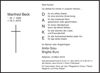 Traueranzeige von Manfred Beck von Siegener Zeitung