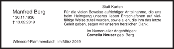 Traueranzeige von Manfred Berg von Siegener Zeitung