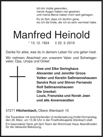 Traueranzeige von Manfred Heinold von Siegener Zeitung