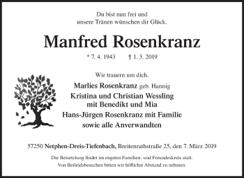 Traueranzeige von Manfred Rosenkranz von Siegener Zeitung