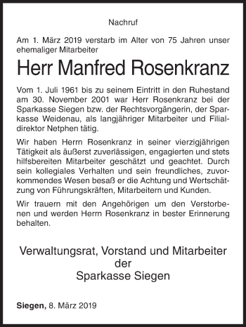 Traueranzeige von Manfred Rosenkranz von Siegener Zeitung