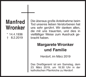 Traueranzeige von Manfred Wronker von Siegener Zeitung