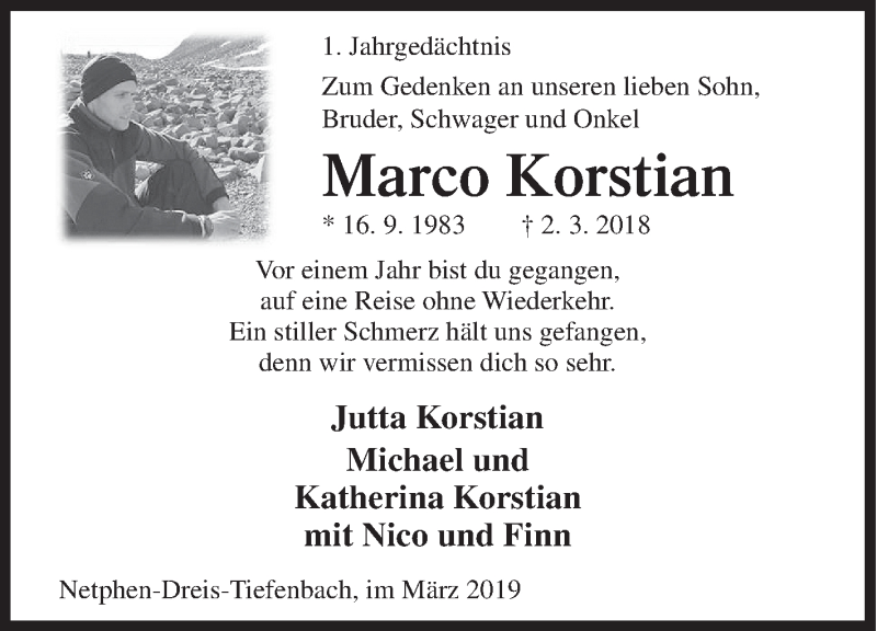  Traueranzeige für Marco Korstian vom 02.03.2019 aus Siegener Zeitung