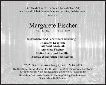 Traueranzeige von Margarete Fischer von Siegener Zeitung