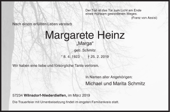 Traueranzeige von Margarete Heinz von Siegener Zeitung
