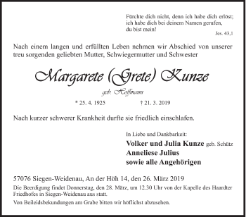 Traueranzeige von Margarete Kunze von Siegener Zeitung