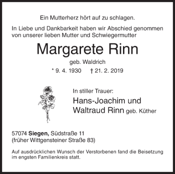 Traueranzeige von Margarete Rinn von Siegener Zeitung