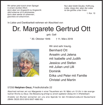 Traueranzeige von Margarete Gertrud Ott von Siegener Zeitung