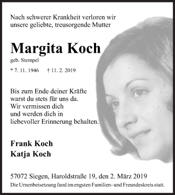 Traueranzeige von Margita Koch von Siegener Zeitung