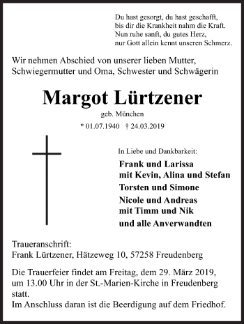 Traueranzeige von Margot Lürtzener von Siegener Zeitung