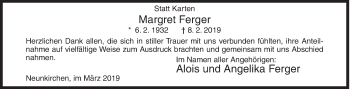 Traueranzeige von Margret Ferger von Siegener Zeitung