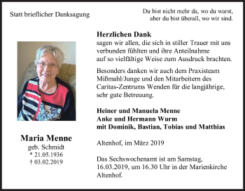 Traueranzeige von Maria Menne von Siegener Zeitung