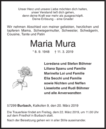 Traueranzeige von Maria Mura von Siegener Zeitung
