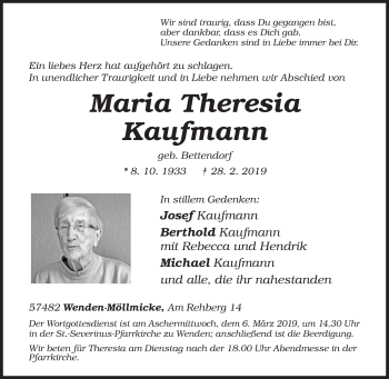 Traueranzeige von Maria Theresia Kaufmann von Siegener Zeitung