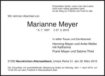 Traueranzeige von Marianne Meyer von Siegener Zeitung