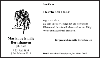 Traueranzeige von Marianne Emilie Bernshausen von Siegener Zeitung