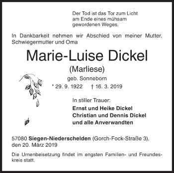 Traueranzeige von Marie-Luise Dickel von Siegener Zeitung
