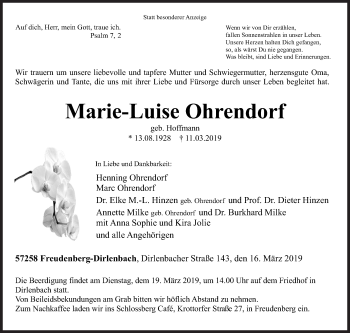Traueranzeige von Marie-Luise Ohrendorf von Siegener Zeitung