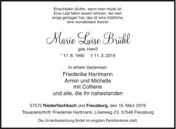 Traueranzeige von Marie Luise Brühl von Siegener Zeitung