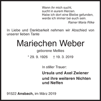 Traueranzeige von Mariechen Weber von Siegener Zeitung