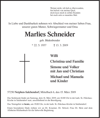 Traueranzeige von Marlies Schneider von Siegener Zeitung