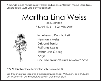 Traueranzeige von Martha Lina Weiss von Siegener Zeitung