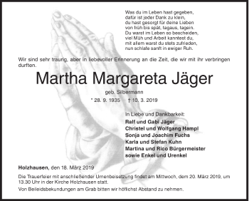 Traueranzeige von Martha Margareta Jäger von Siegener Zeitung