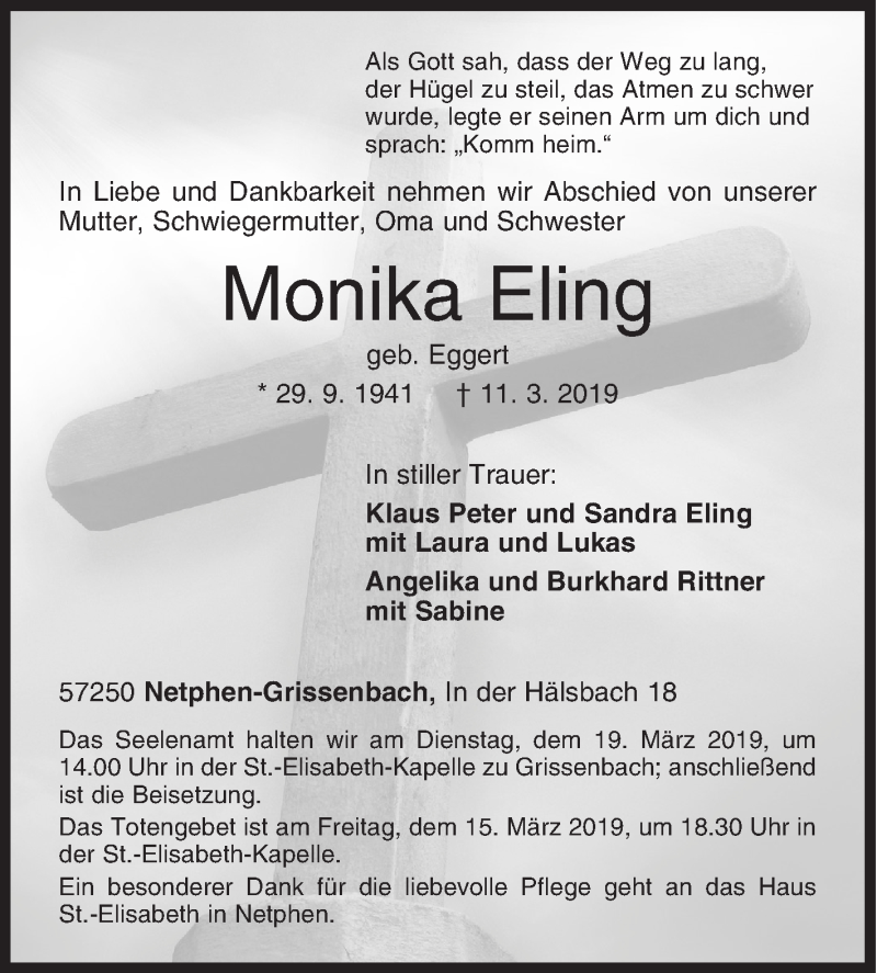  Traueranzeige für Monika Eling vom 13.03.2019 aus Siegener Zeitung
