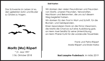 Traueranzeige von Moritz Röpert von Siegener Zeitung