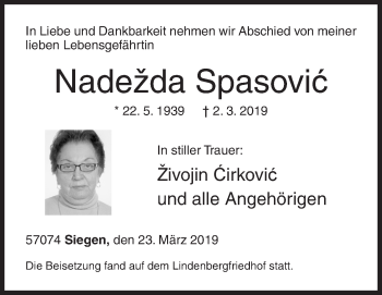 Traueranzeige von Nadežda Spasovic von Siegener Zeitung
