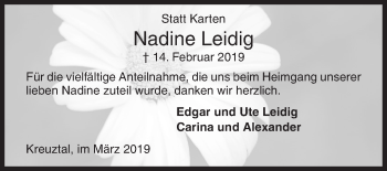 Traueranzeige von Nadine Leidig von Siegener Zeitung