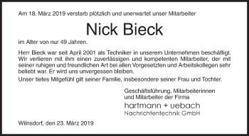 Traueranzeige von Nick Bieck von Siegener Zeitung