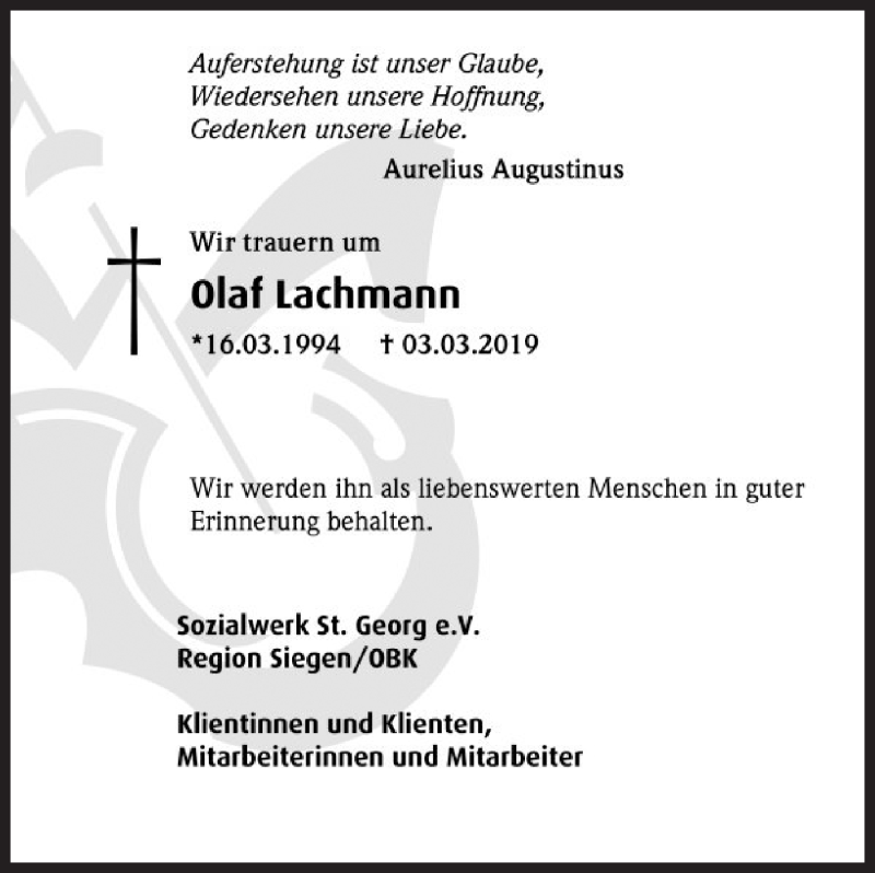  Traueranzeige für Olaf Lachmann vom 16.03.2019 aus Siegener Zeitung