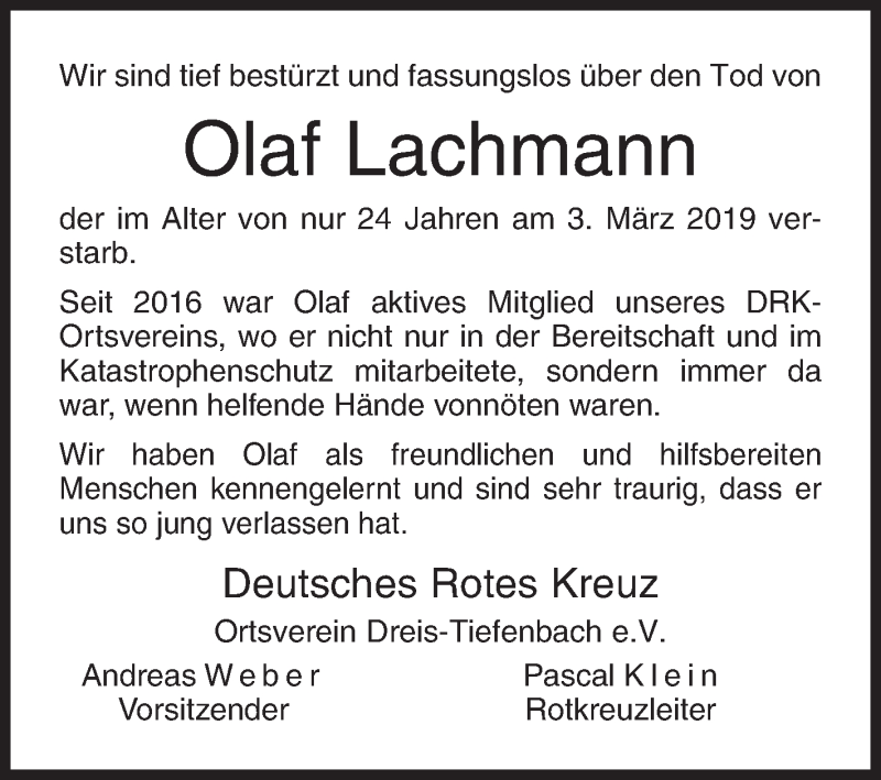  Traueranzeige für Olaf Lachmann vom 12.03.2019 aus Siegener Zeitung