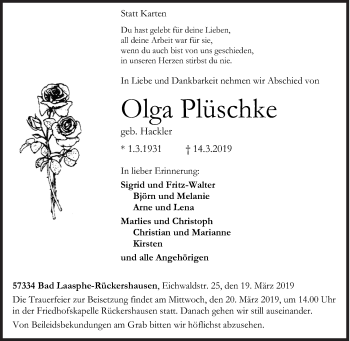 Traueranzeige von Olga Plüschke von Siegener Zeitung
