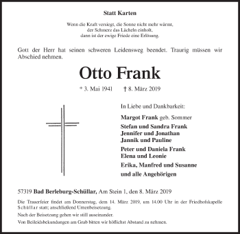 Traueranzeige von Otto Frank von Siegener Zeitung