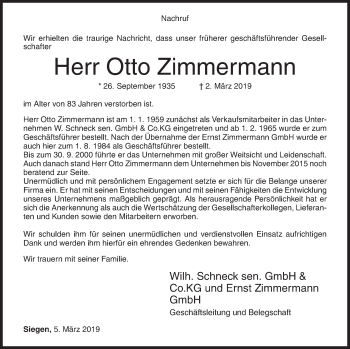 Traueranzeige von Otto Zimmermann von Siegener Zeitung