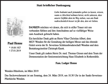 Traueranzeige von Paul Henne von Siegener Zeitung