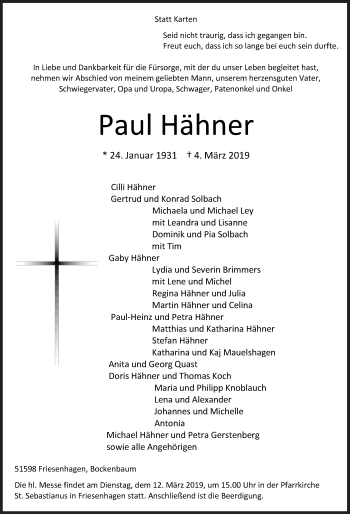 Traueranzeige von Paul Hähner von Siegener Zeitung