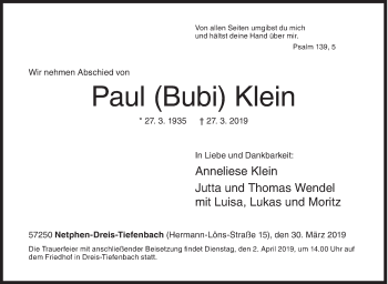 Traueranzeige von Paul Klein von Siegener Zeitung