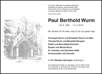 Traueranzeige von Paul Berthold Wurm von Siegener Zeitung