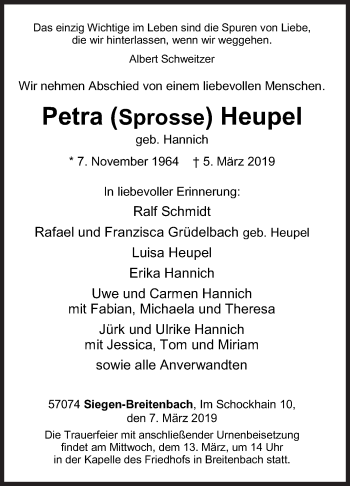Traueranzeige von Petra Heupel von Siegener Zeitung