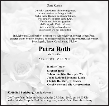 Traueranzeige von Petra Roth von Siegener Zeitung