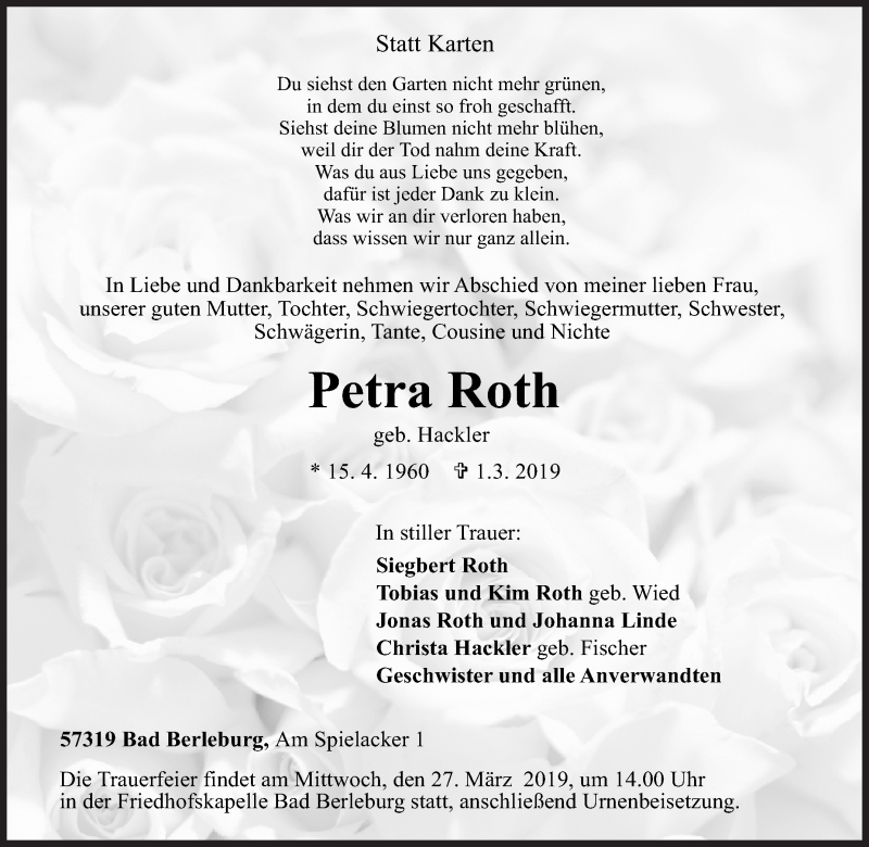  Traueranzeige für Petra Roth vom 22.03.2019 aus Siegener Zeitung