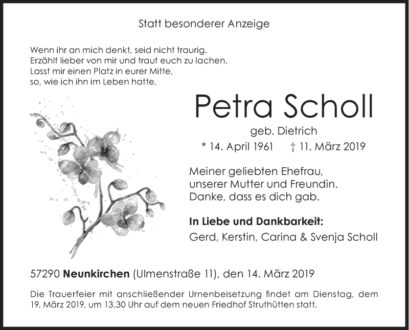  Traueranzeige für Petra Scholl vom 14.03.2019 aus Siegener Zeitung