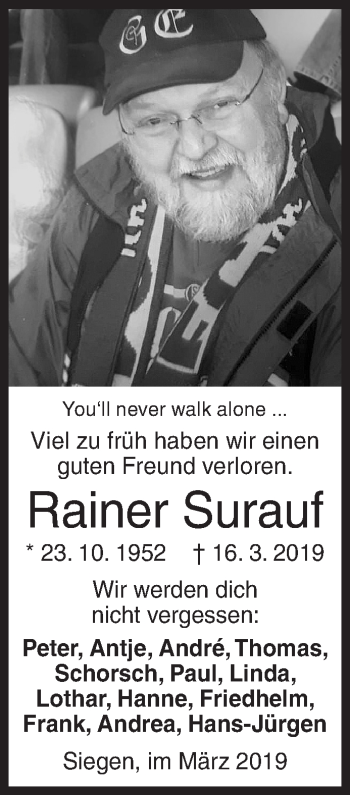 Traueranzeige von Rainer Surauf von Siegener Zeitung